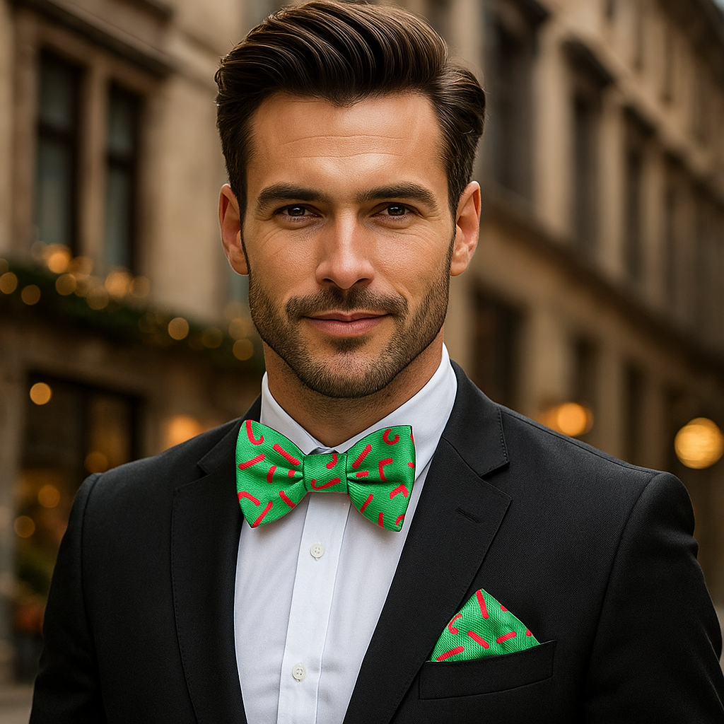 Man wearing a black suit with a green candy cane bow tie and matching pocket square in an urban setting.