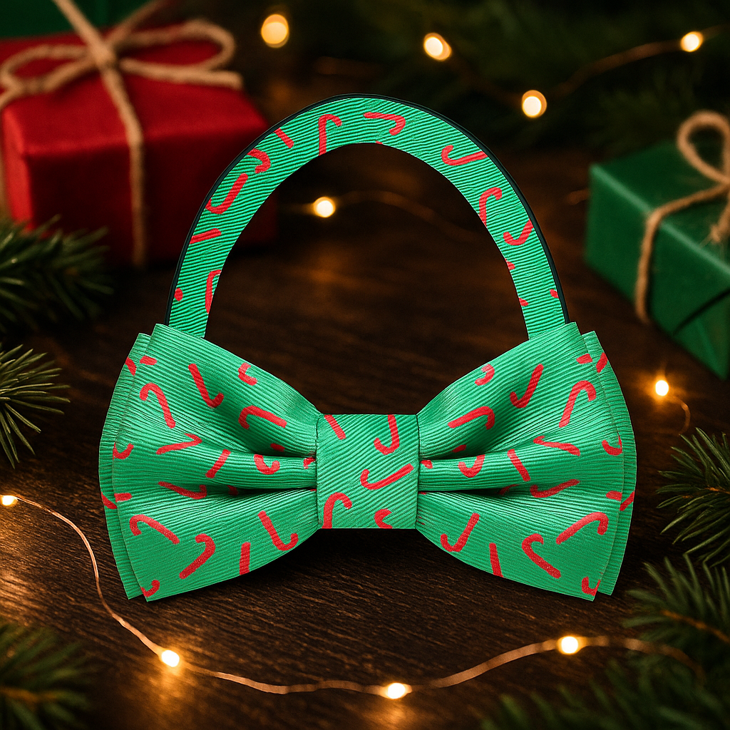 Green and red cany cane bow tie under tree with presents