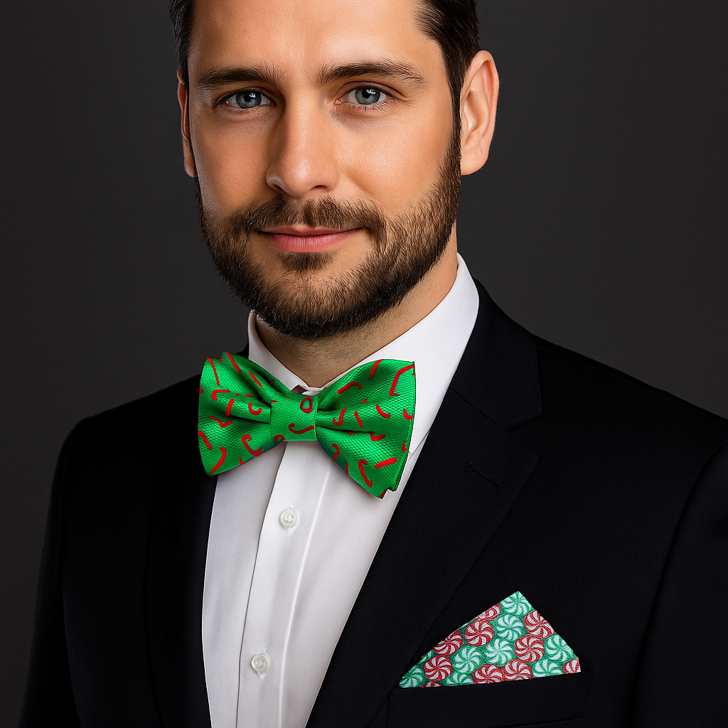 Green Silk with Red Candy Cane Bow Tie and Accenting pocket Square on a man wearing a suit