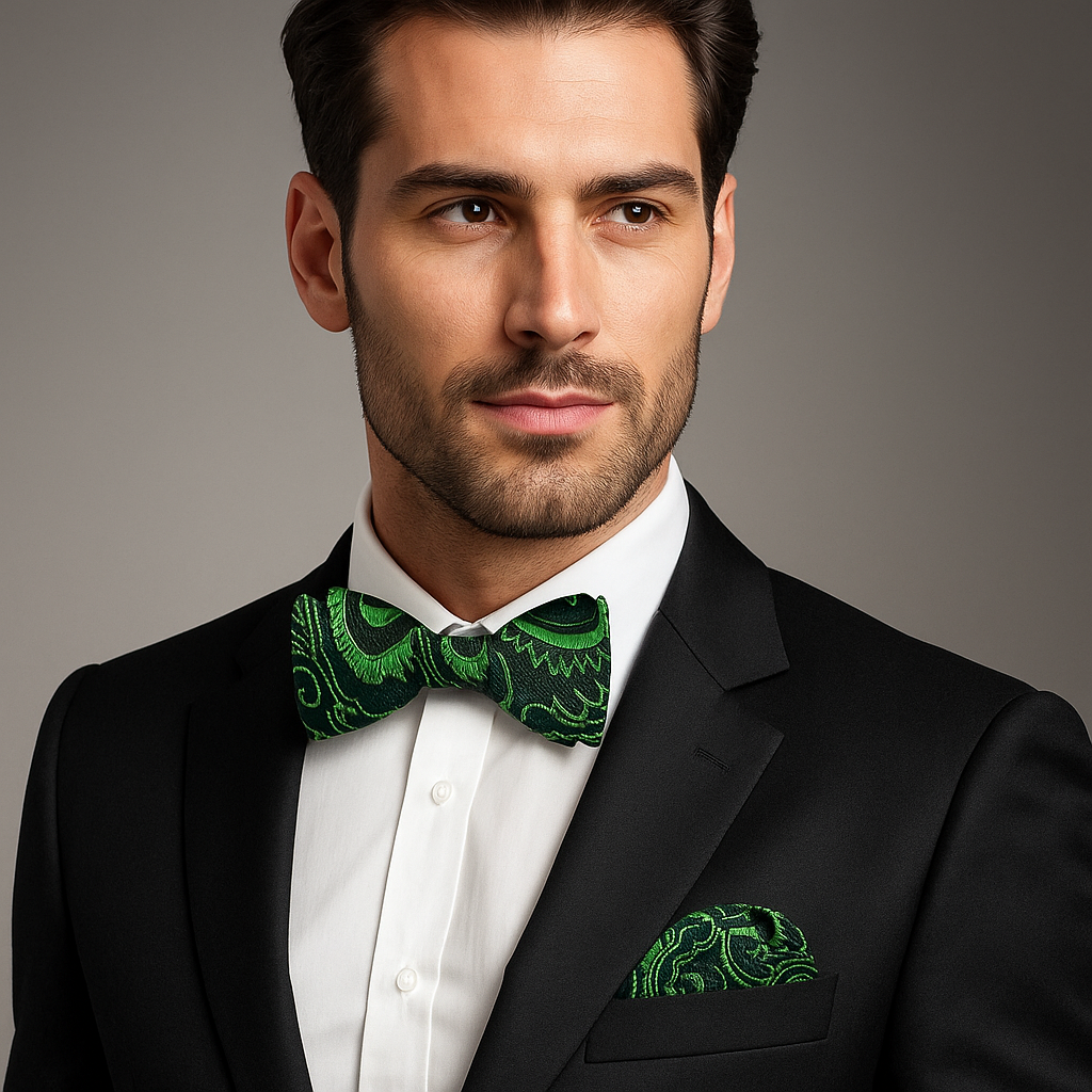 Man wearing a black suit with a green bow tie and pocket square against a gray background