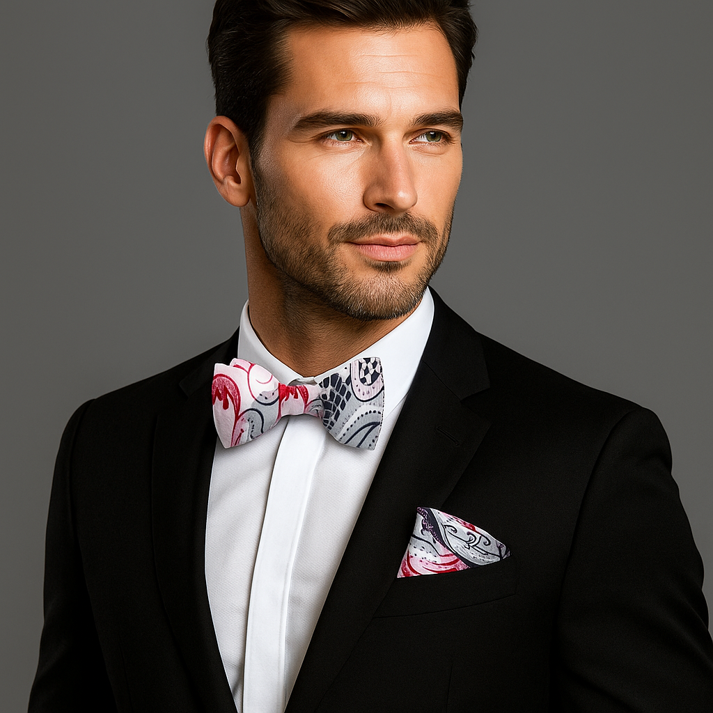 Man wearing a black suit with a white shirt and patterned white, black and red paisley bow tie and pocket square on a gray background