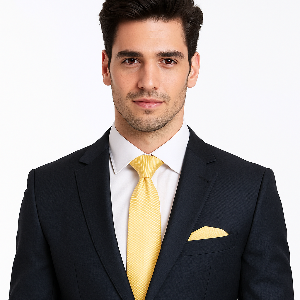 Man wearing a black suit with a yellow tie and pocket square on a white background