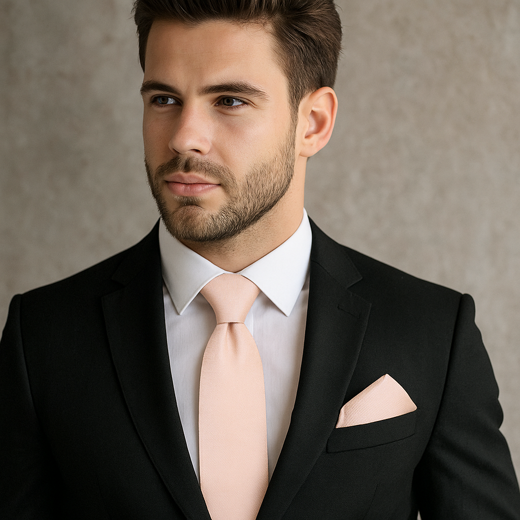 Man wearing a black suit with a Beige Check Tie and Square against a neutral background