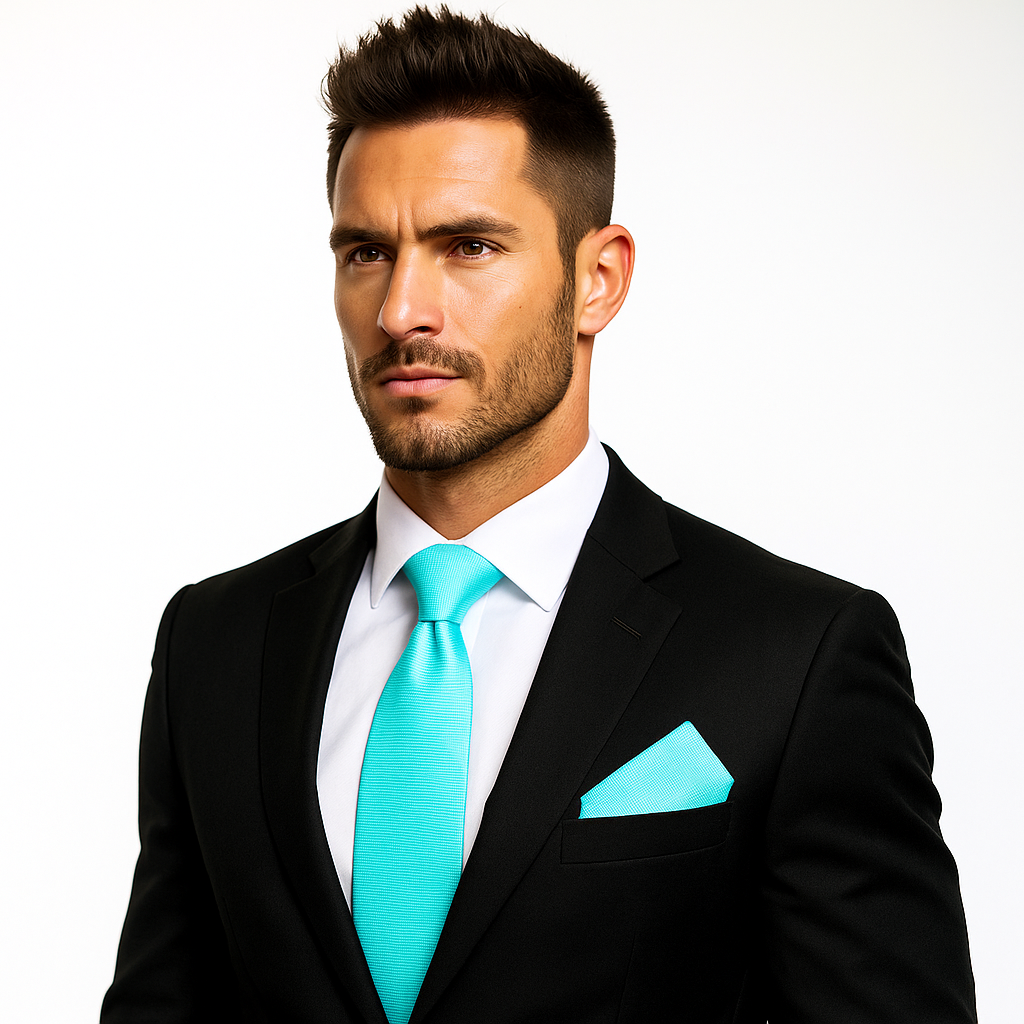 Man wearing a black suit with a turquoise tie and pocket square on a white background