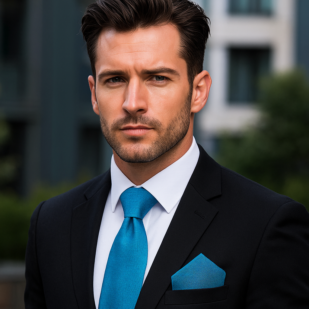 Man wearing a black suit with a Solid Teal Check Tie and Pocket Square, standing outdoors.
