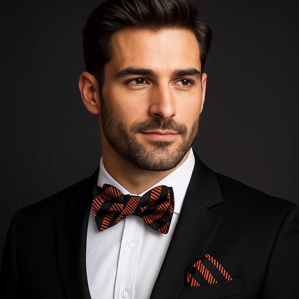 Man wearing Brown Copper Orange and Black Lines Bow Tie and Pocket Square