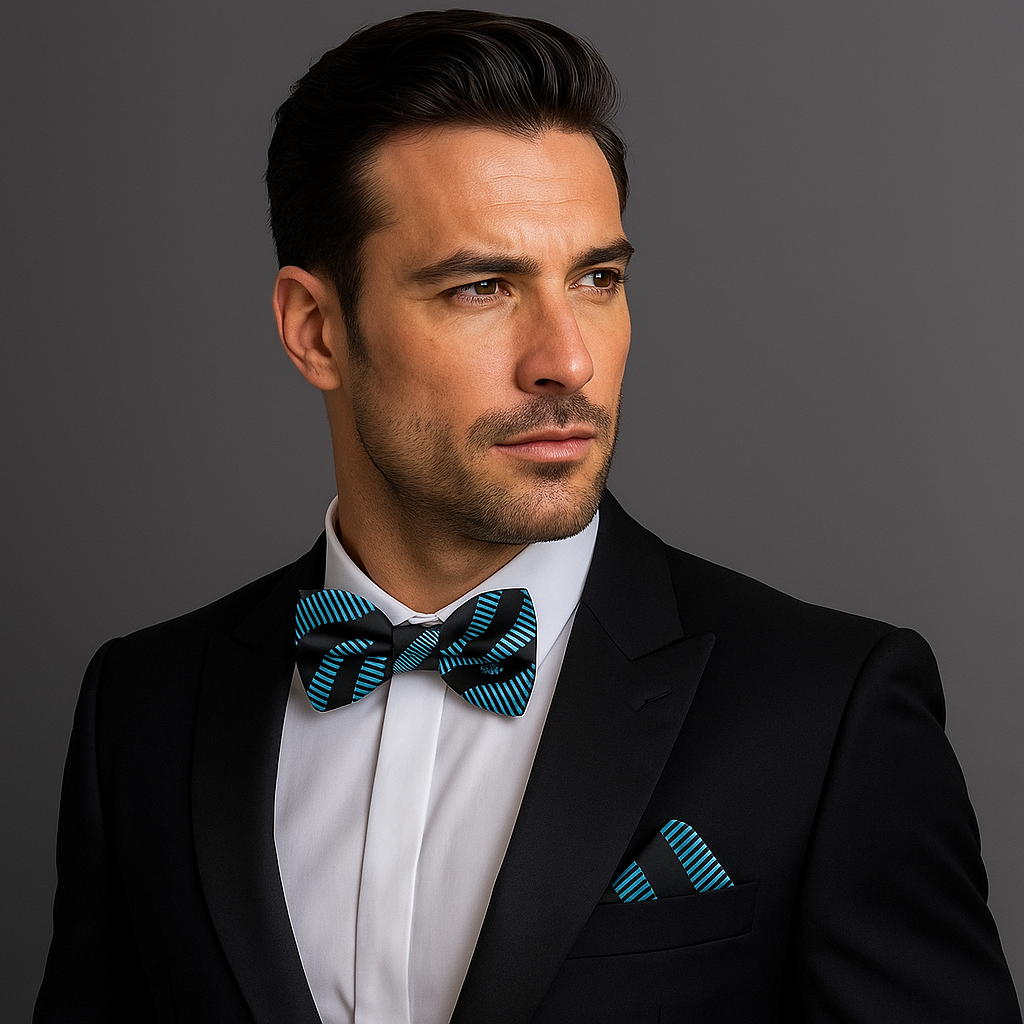 Man wearing a black suit with a Black, Teal Lines Bow Tie and Pocket Square against a gray background