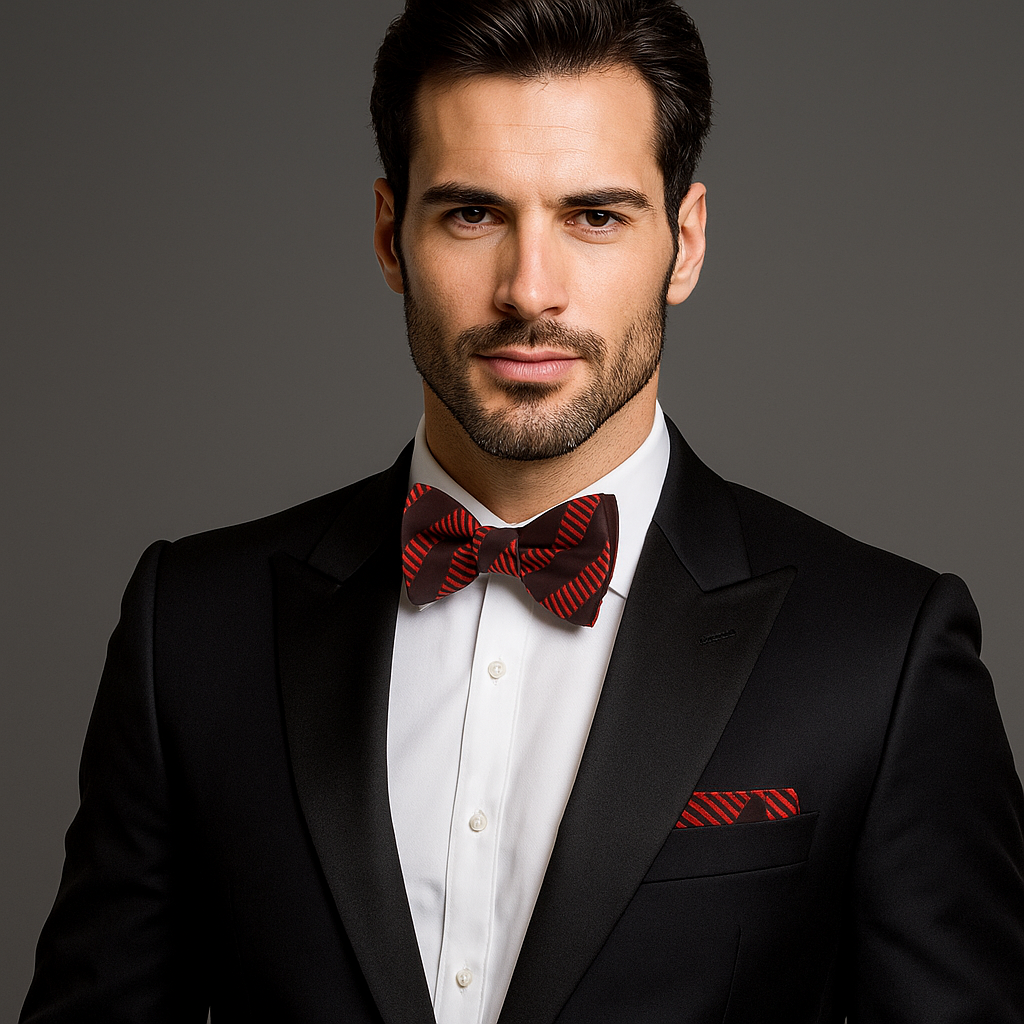 Man wearing a black suit with a Red Lines Bow Tie and Pocket Square on a gray background