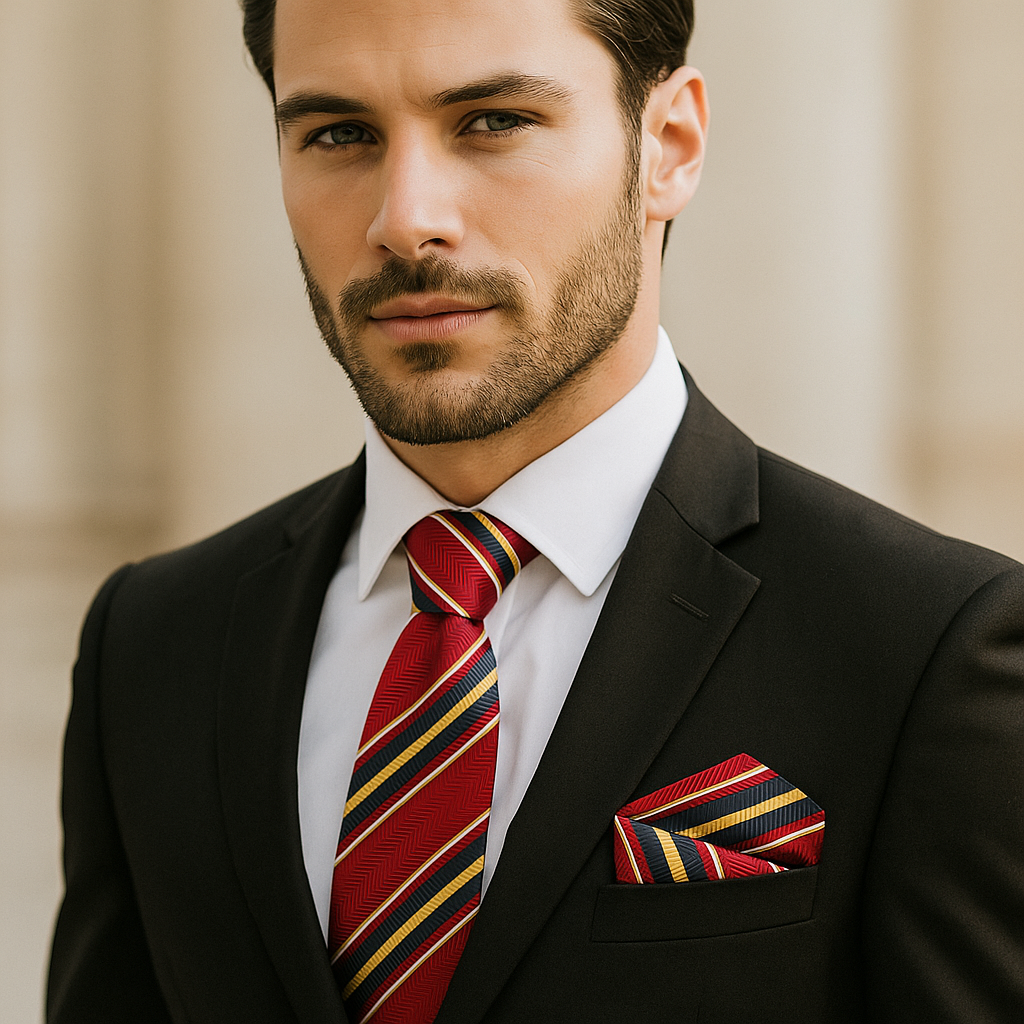 Man wearing a black suit with a red striped tie and pocket square against a neutral background