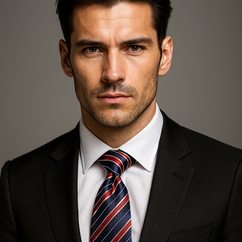 Man wearing a black suit with a white shirt and striped tie against a gray background