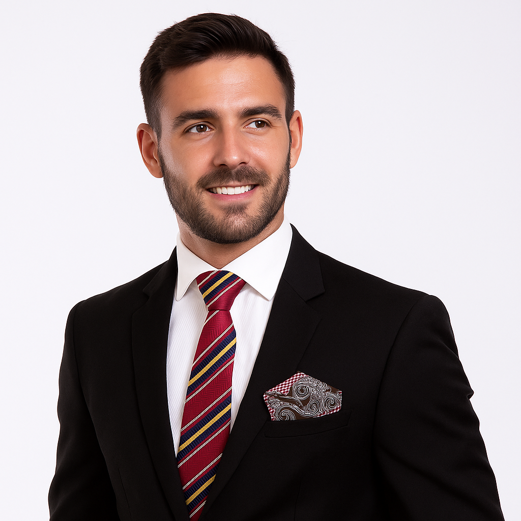 Man wearing a black suit with a red striped tie and patterned pocket square on a white background