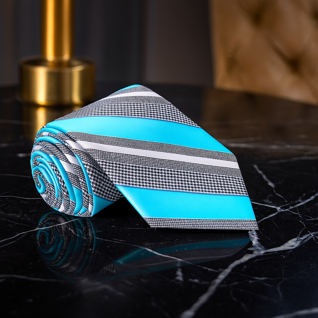 Turquoise tie with black and white patterns on a dark surface