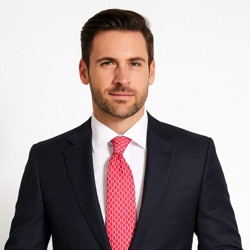 Man wearing a dark suit and red tie on a white background