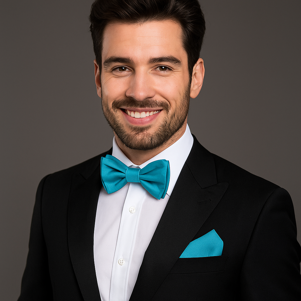 Man wearing a black tuxedo with a blue bow tie and pocket square on a gray background