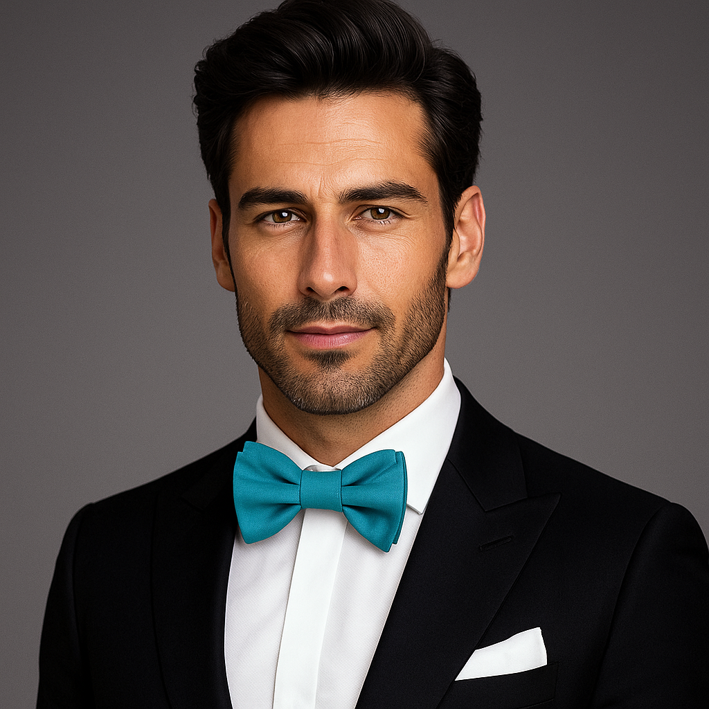 Man wearing a black suit with a white shirt and teal bow tie on a gray background