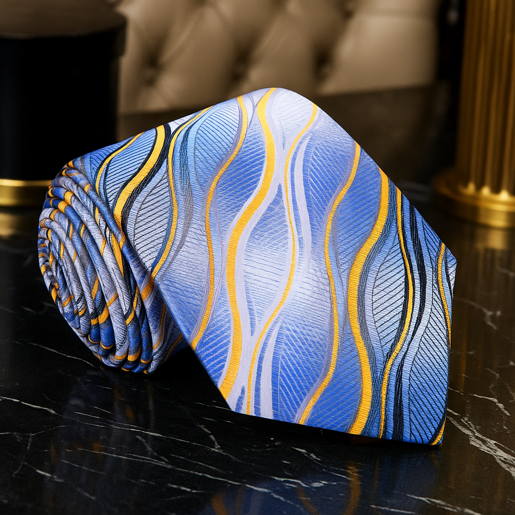 A Light Blue, Yellow, Black Abstract Wavy Lines Necktie