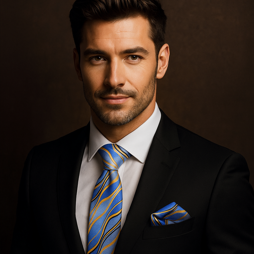 Man wearing a black suit with a blue and gold striped tie against a dark background