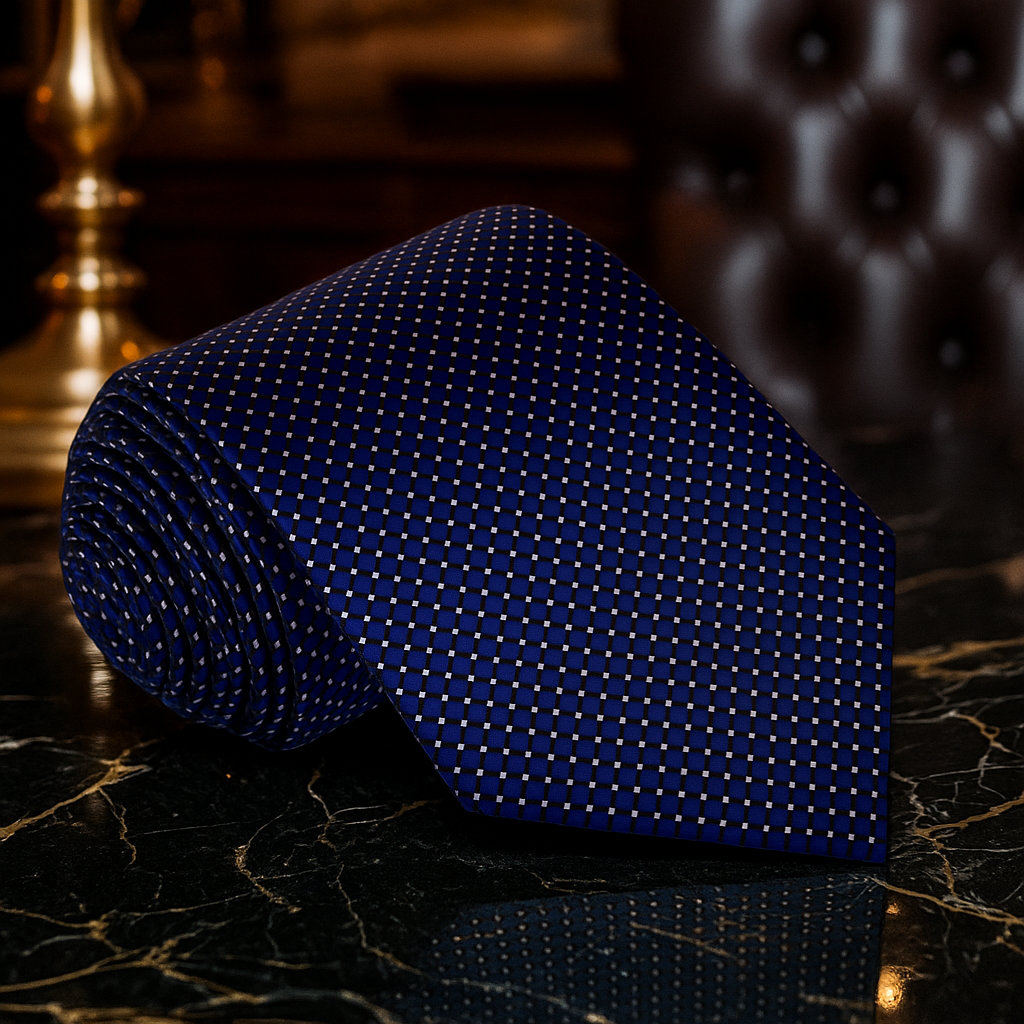 Rolled-up blue tie with a subtle pattern on a dark surface