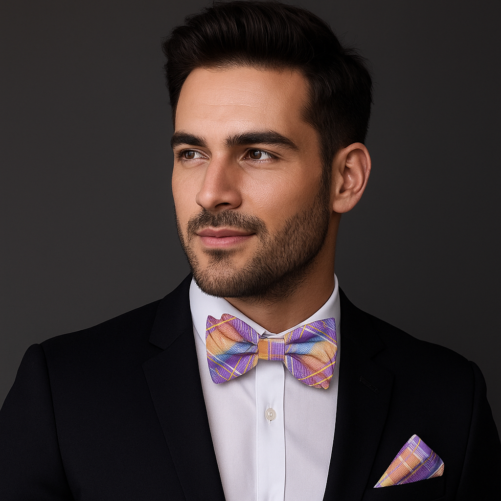 Man wearing a black suit with a colorful bow tie and pocket square on a dark background