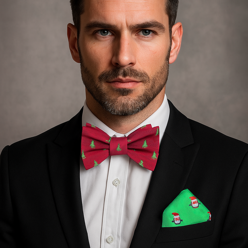 Man wearing a black suit with a red bow tie and green pocket square against a gray background