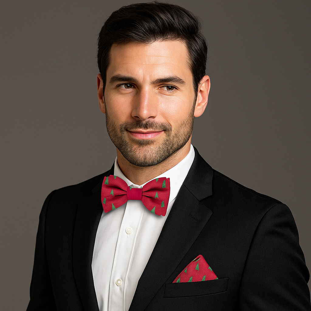 Man wearing a black suit with a red bow tie and matching pocket square on a gray background