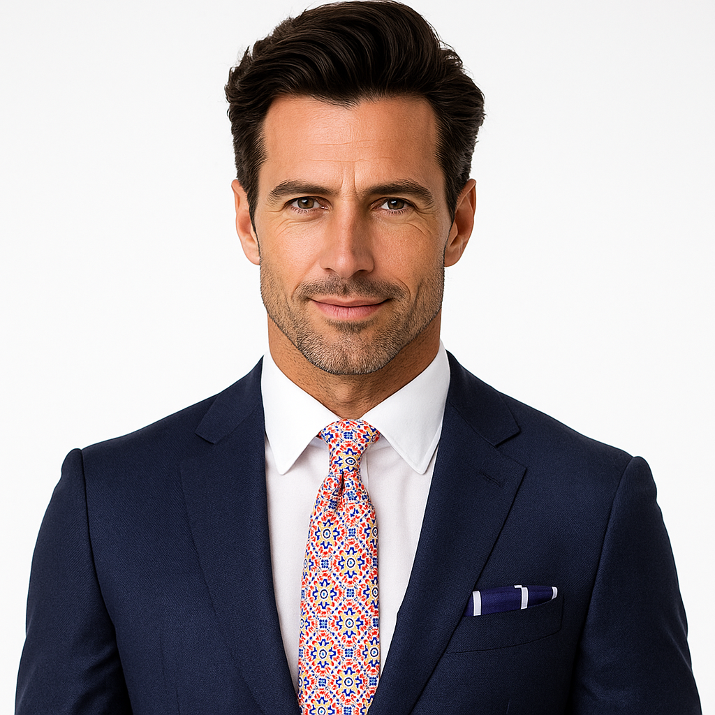 Man wearing a navy suit with a patterned tie on a white background