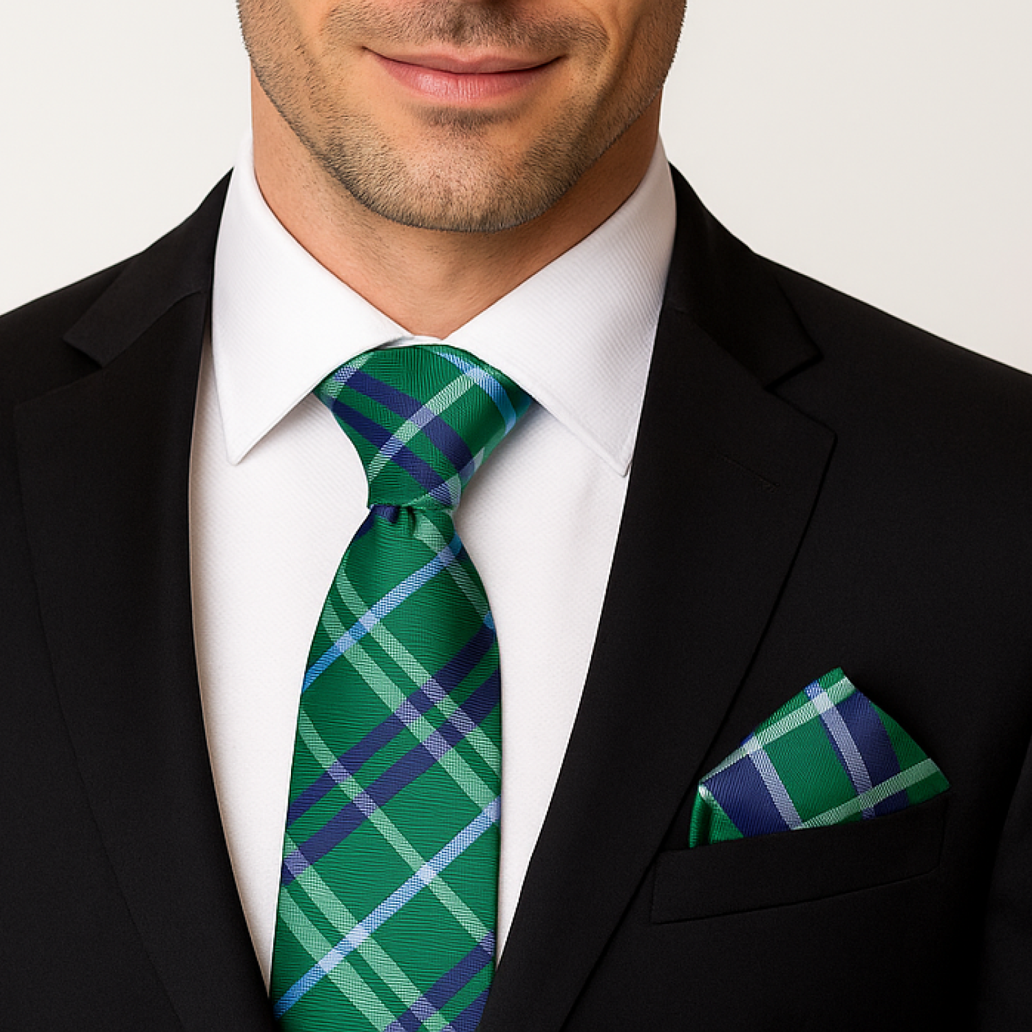 Man wearing a black suit with a green plaid tie and pocket square on a white background