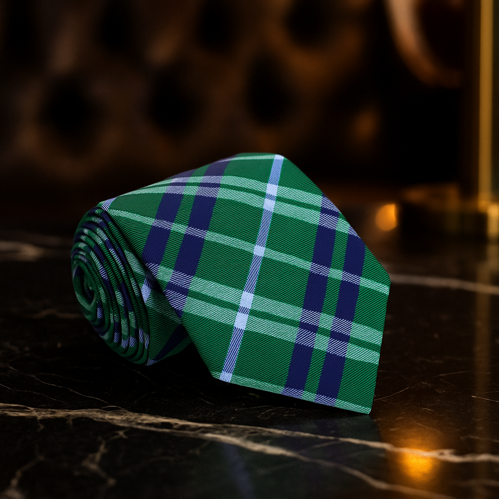 Green plaid tie on a dark textured surface