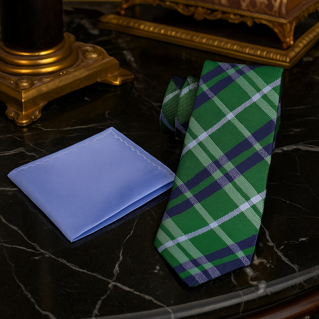 Green plaid tie and blue pocket square on a dark marble surface