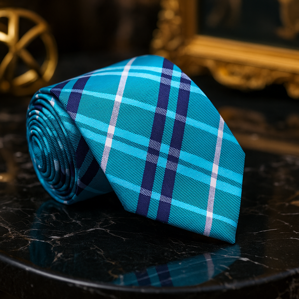 Rolled turquoise plaid tie on a dark surface with gold decorative elements in the background