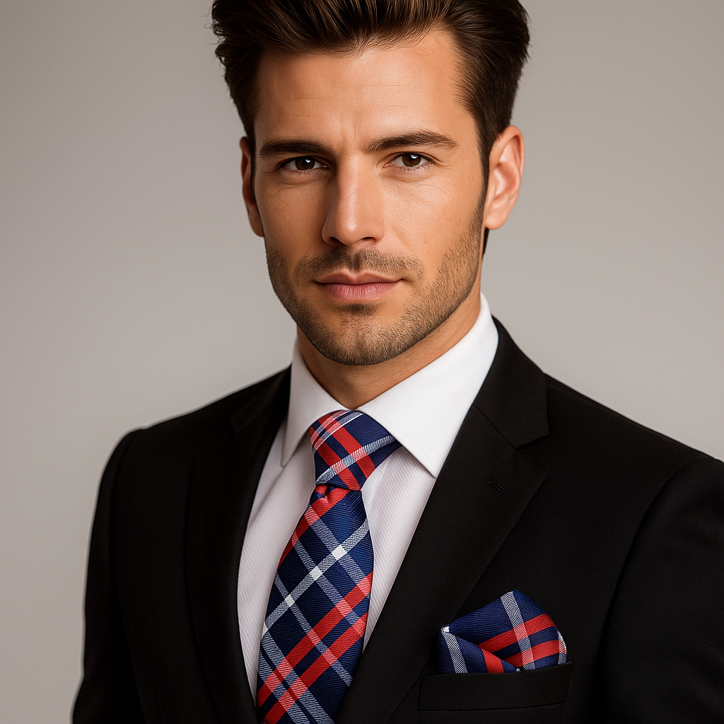 Man wearing a suit with a blue, red and white plaid tie and pocket square on a plain background