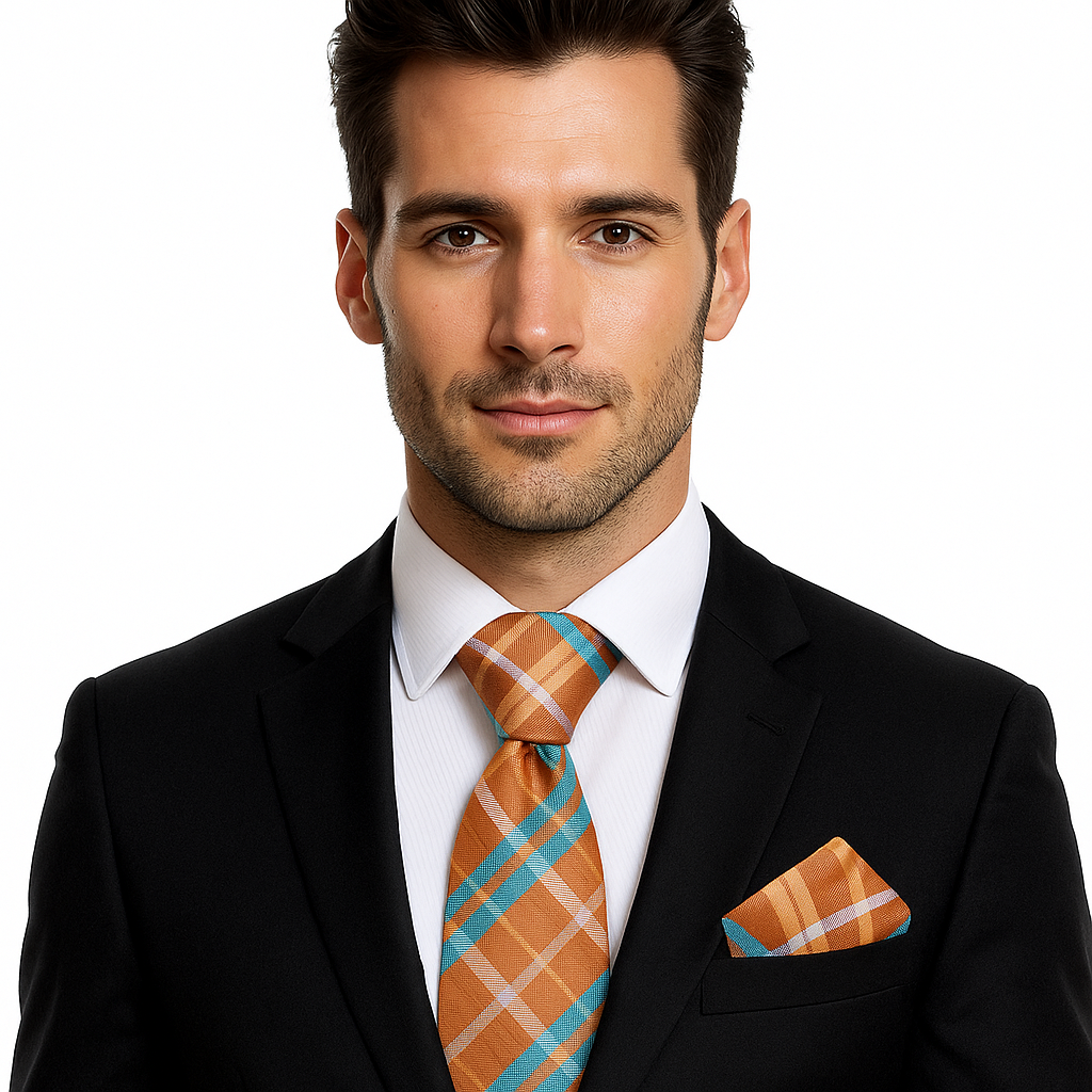 Man wearing a black suit with an orange plaid tie and pocket square on a white background