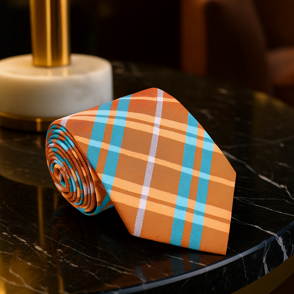 Plaid tie with orange and blue stripes on a dark surface