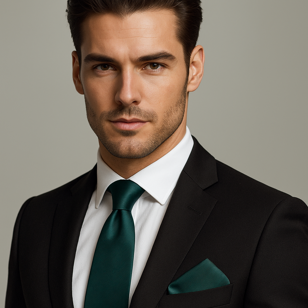 Man wearing a black suit with a green tie and pocket square against a neutral background
