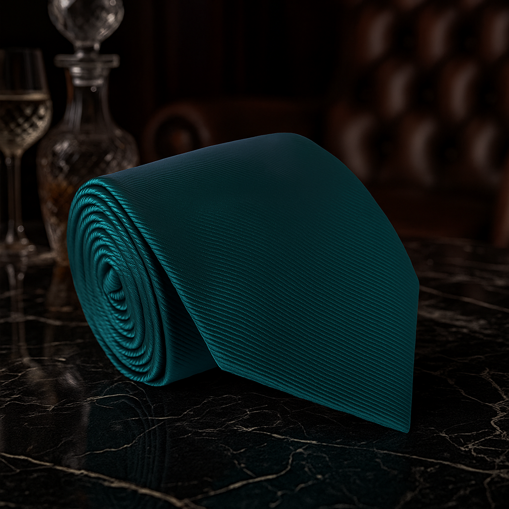 sea green tie rolled up on a dark surface with blurred background