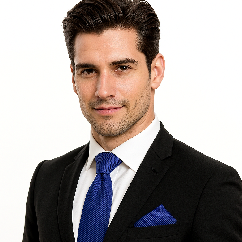 Man wearing a black suit with a blue tie and pocket square on a white background