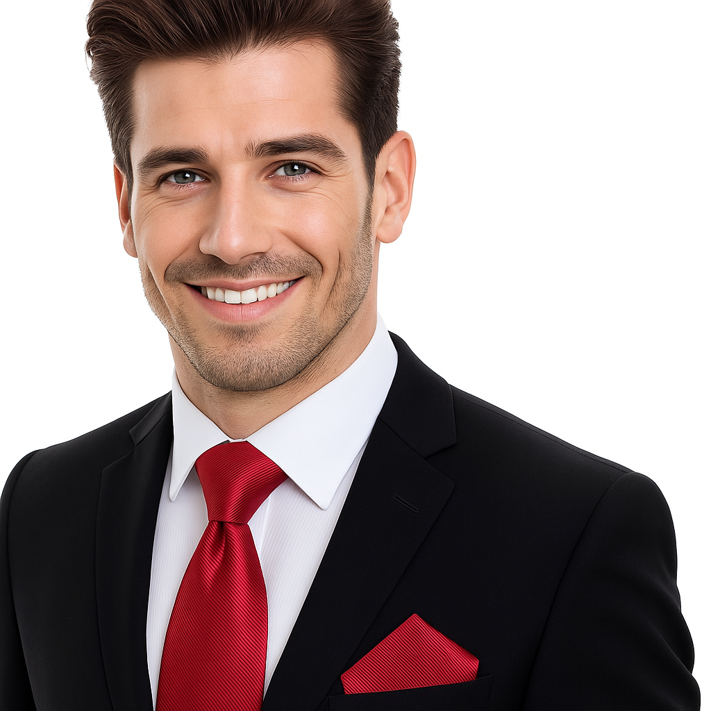 Man wearing a black suit with a red tie and pocket square on a white background