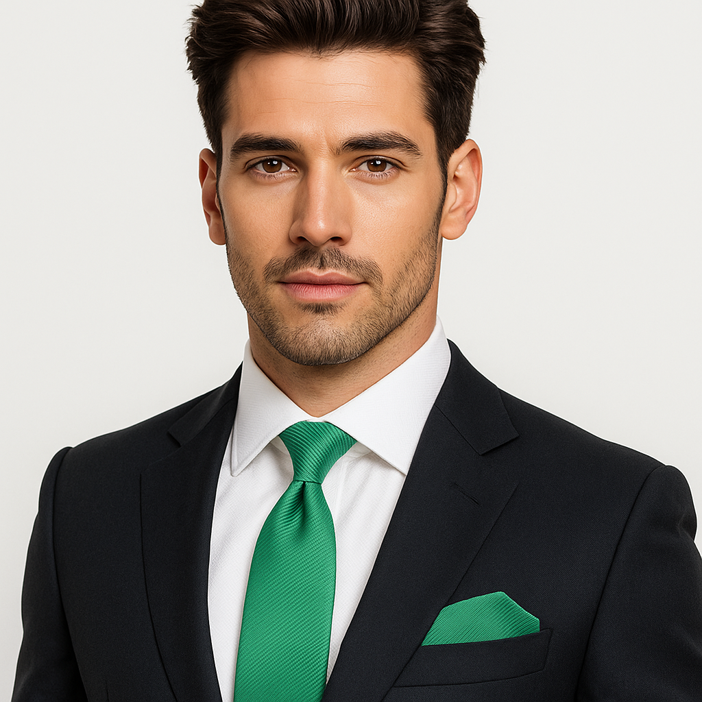 Man wearing a black suit with a green tie and pocket square on a light gray background