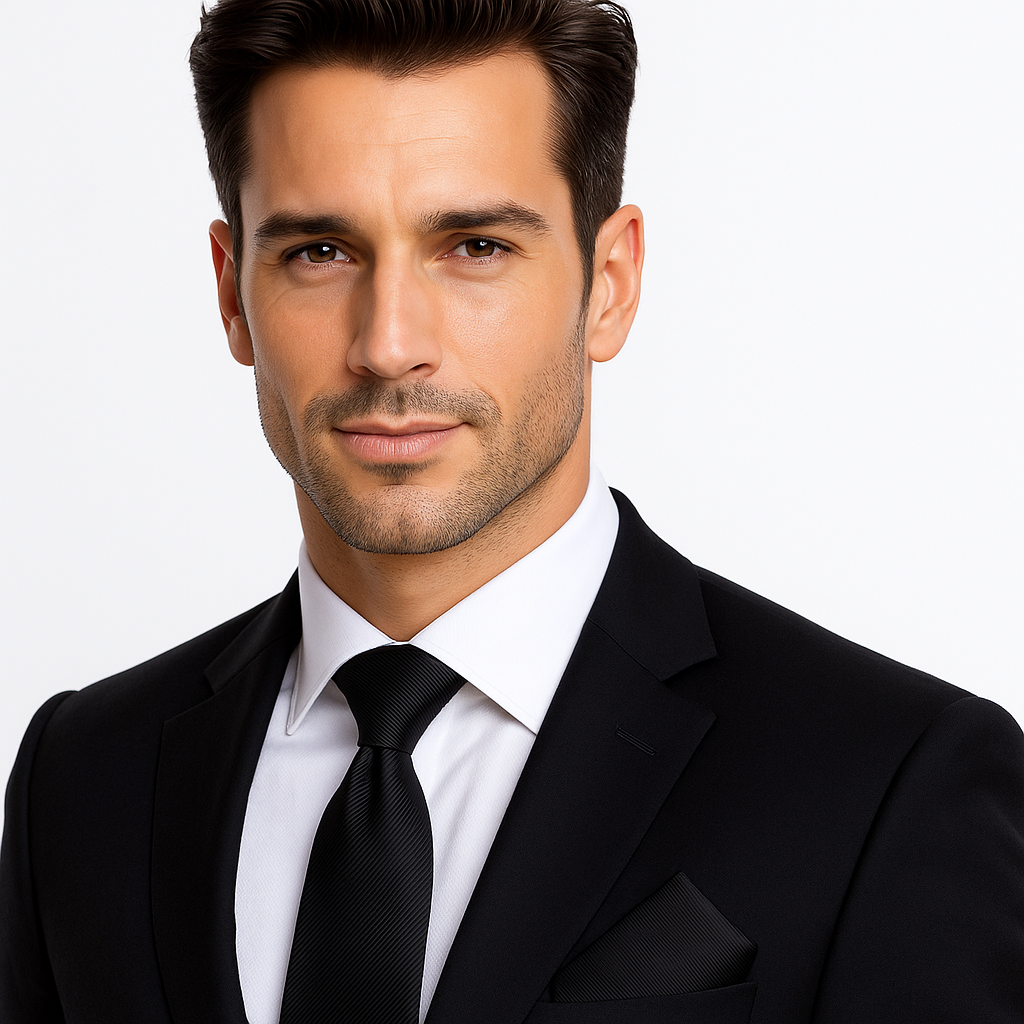 Man wearing a black suit and tie against a white background