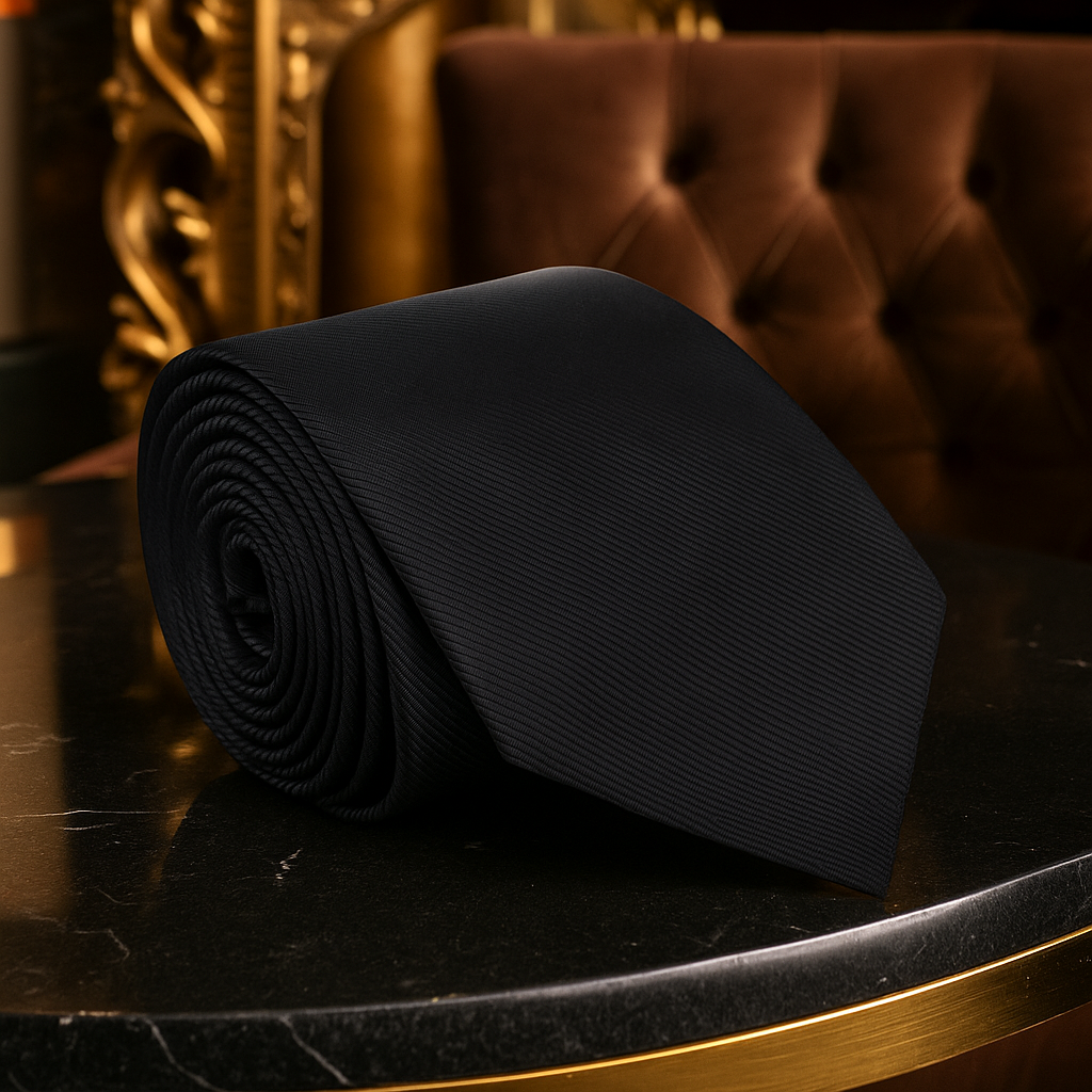 Rolled black tie on a dark surface with a blurred background