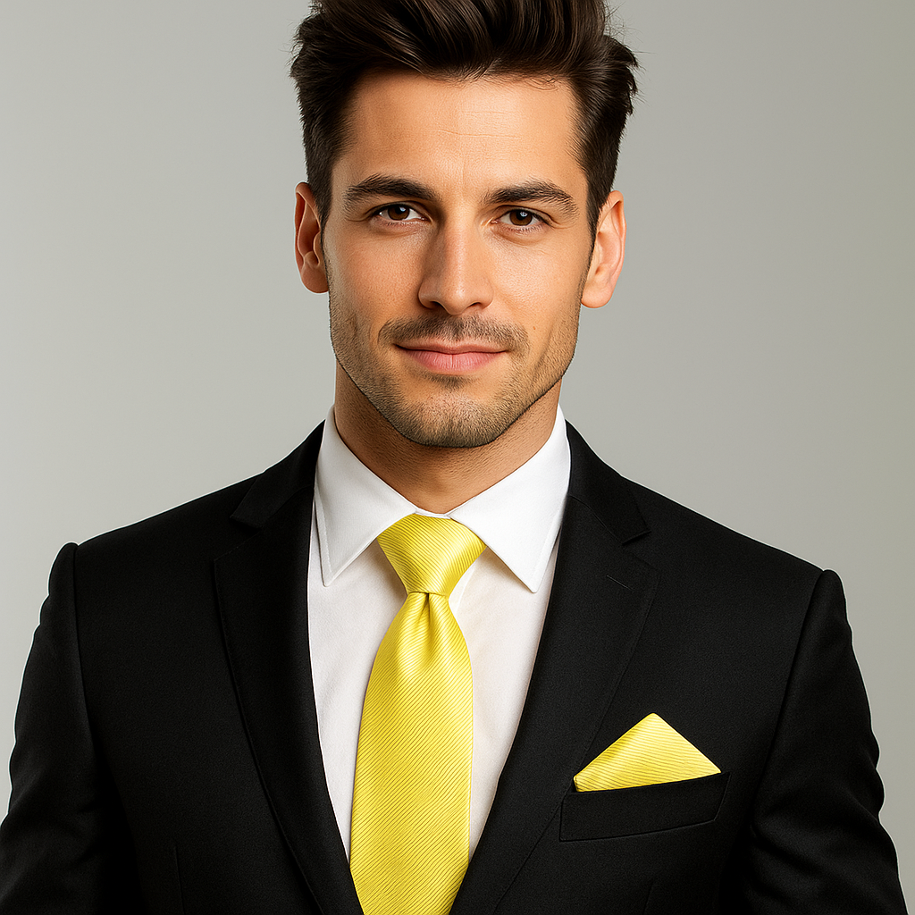 Man wearing a black suit with a yellow tie and pocket square on a gray background