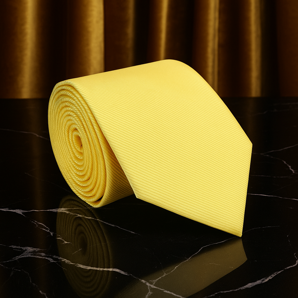 Yellow tie rolled up on a reflective black surface with a brown curtain background
