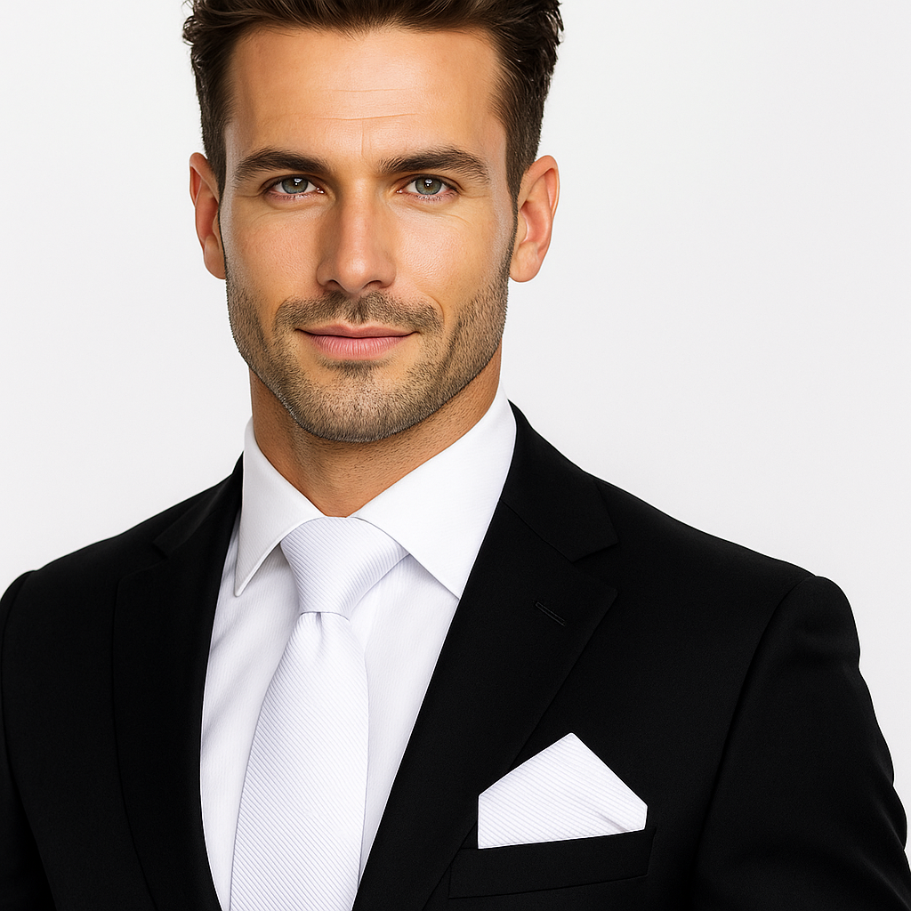 Man wearing a black suit with a white shirt and tie on a plain background