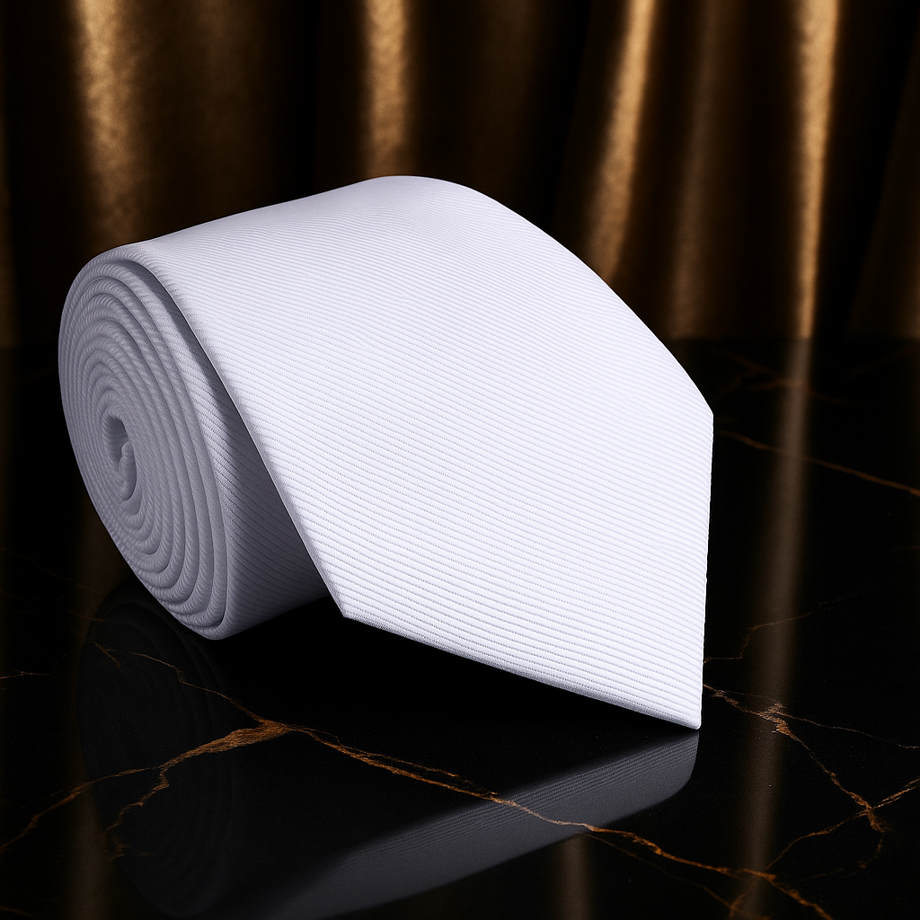 White tie on a reflective surface with a dark, textured background