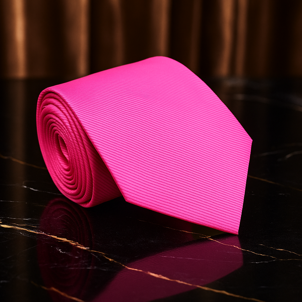 Rolled-up pink tie on a reflective surface with a dark background