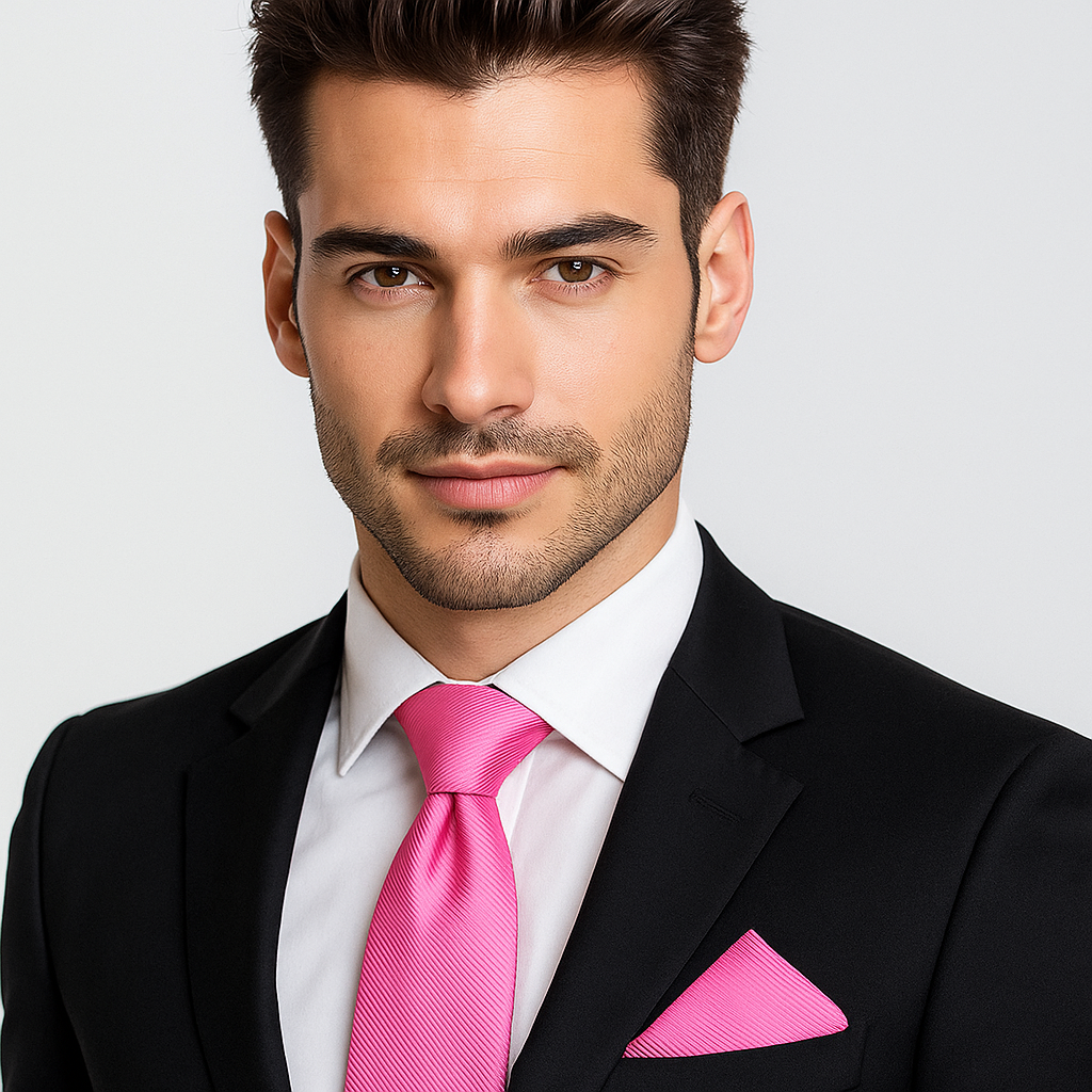 Man wearing a black suit with a pink tie and pocket square on a light gray background