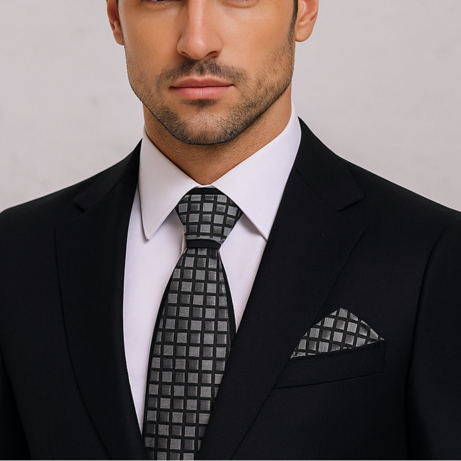 Man wearing a black suit with a patterned tie and pocket square on a gray background