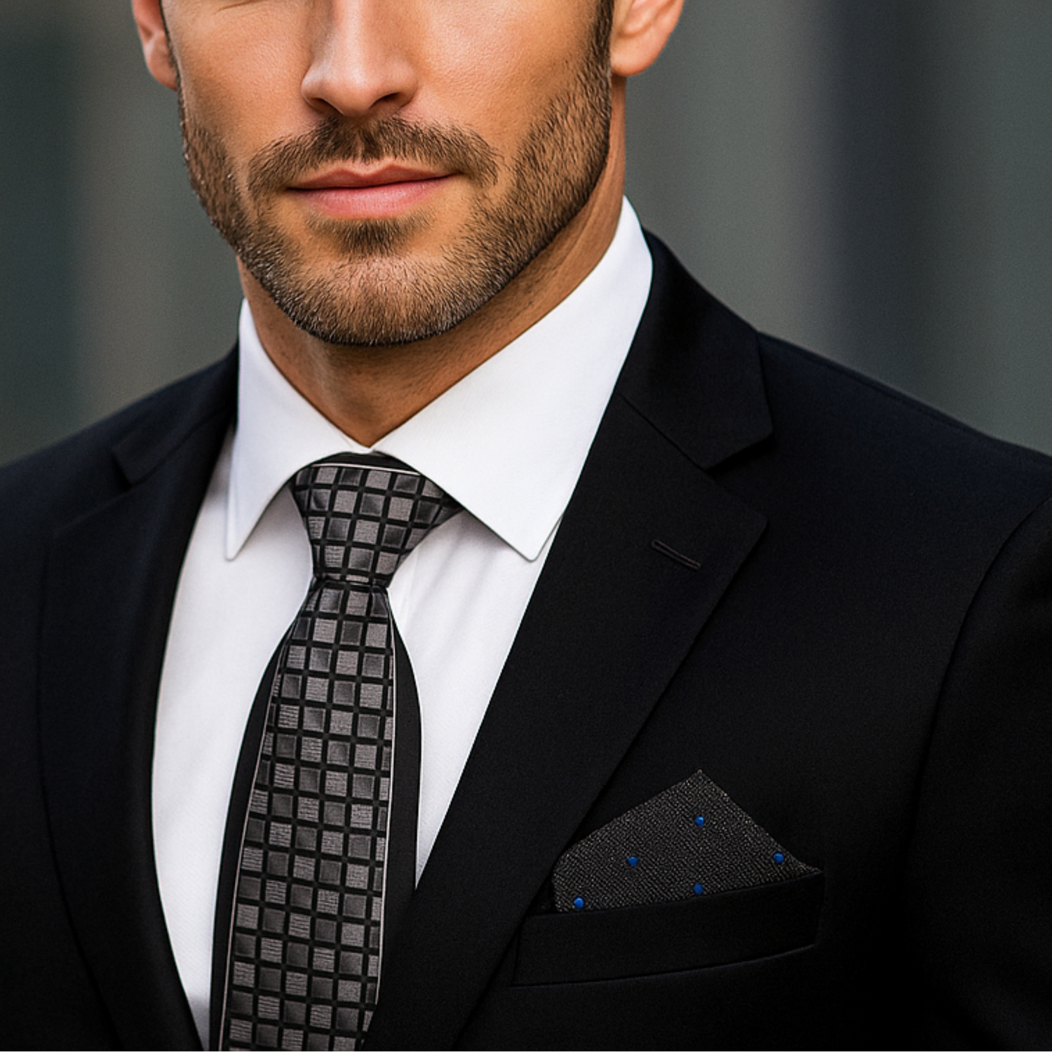 Man wearing a black suit with a patterned tie against a blurred background