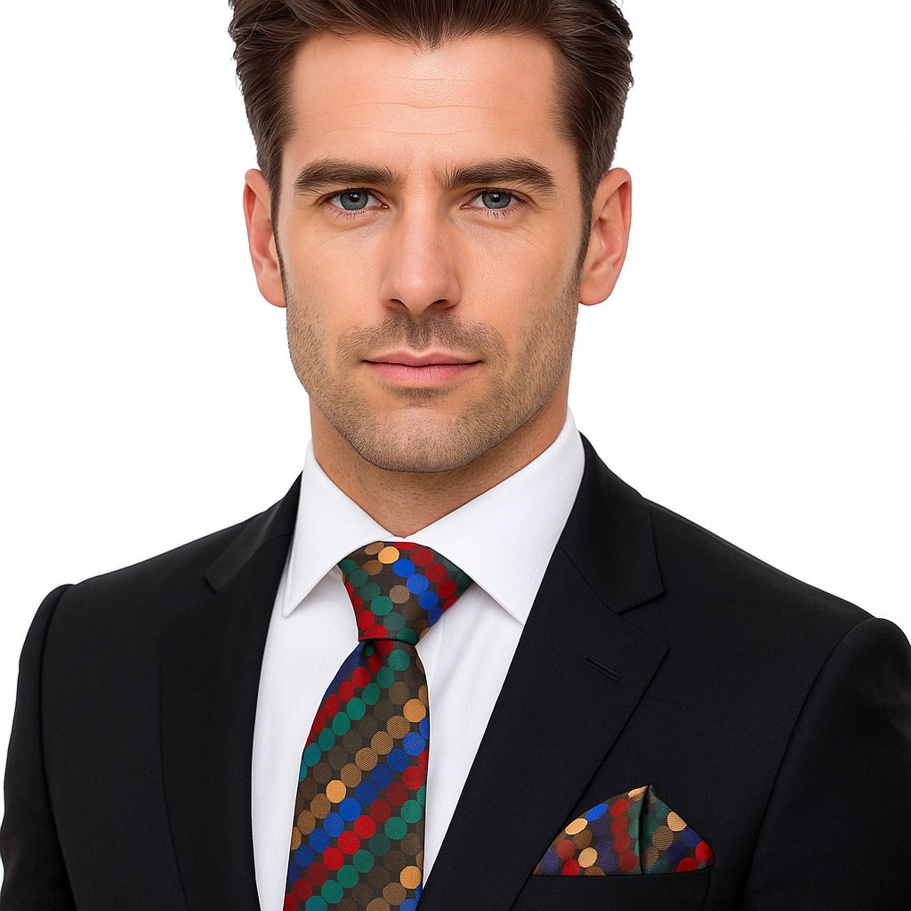 Man wearing a black suit with a colorful tie and pocket square on a white background