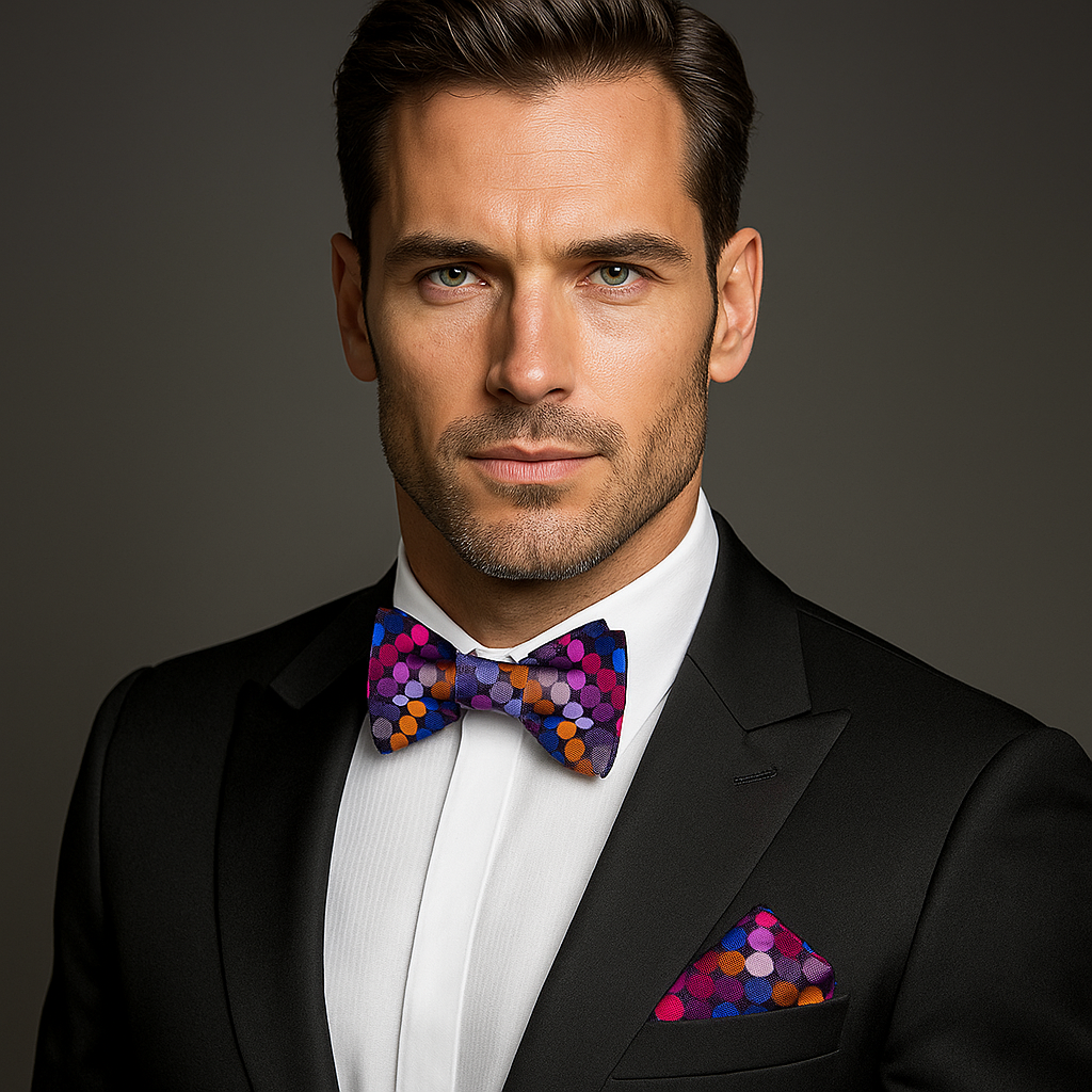 Man wearing a black suit with a colorful bow tie and pocket square on a gray background